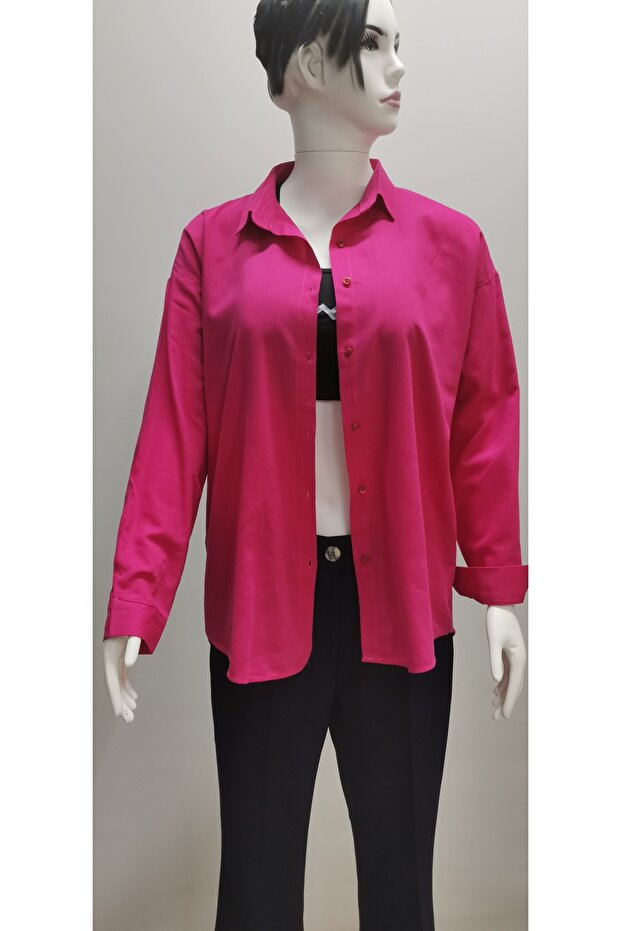 / Long Sleeve Loose Cotton Comfortable Soft Textured Women's Shirt Fuchsia
