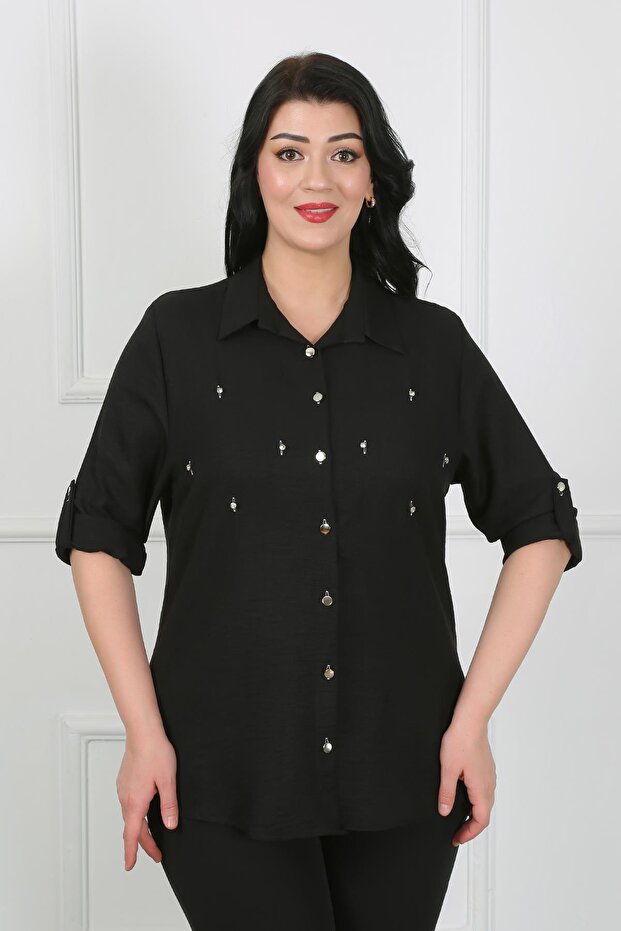 Women's Black Jewelled Soft Linen Large Size Shirt