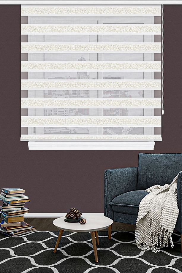 Jakarlı Zebra Perde Beyaz Altın Simli 4050 V02 Eko Seri - 2