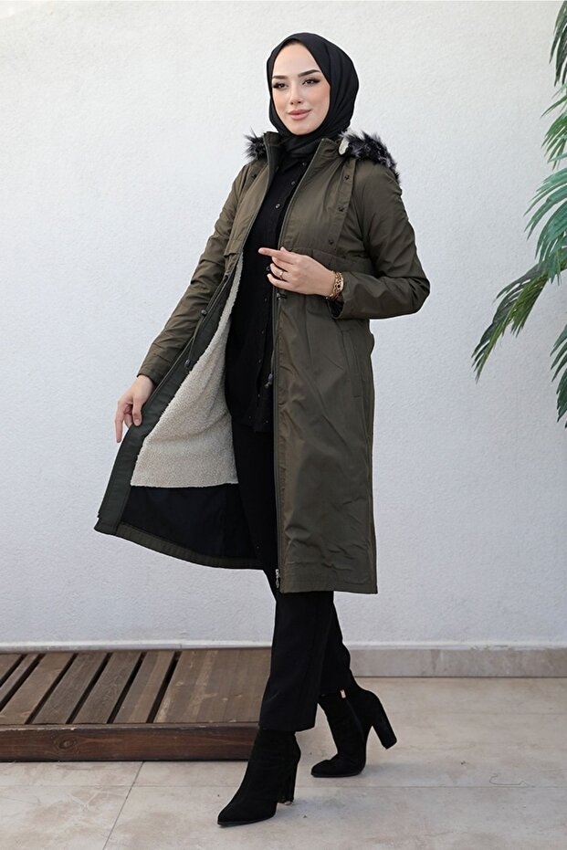Khaki Hijab Coat 347 - Beige, Star Detail and Drawstring, Fur Inside