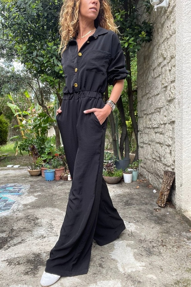 Women's Black Half Patchwork Elastic Waist Wide Leg Pocket Casual Jumpsuit Bst3360
