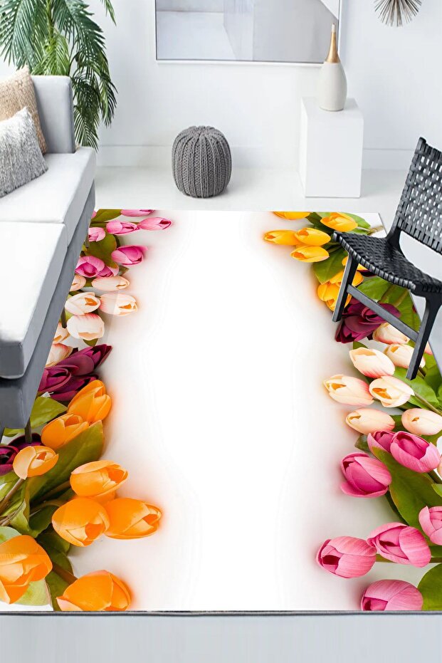 Sarı Pembe Laleler Desenli Modern Kaymaz Yıkanabilir Mutfak Salon Halısı - 1