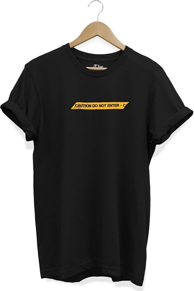 Black Unisex Caution No Trespassing Printed Short Sleeve T-shirt