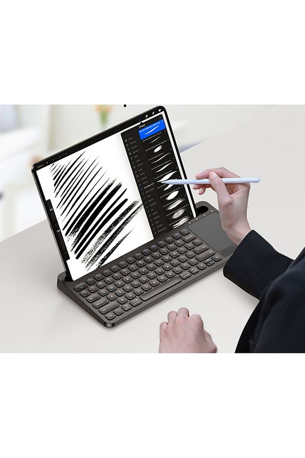Kablosuz Bluetooth Bağlantılı Taşınabilir Şarjlı Tablet iPad Dokunmatik Touchpad Tablet Klavye - 1