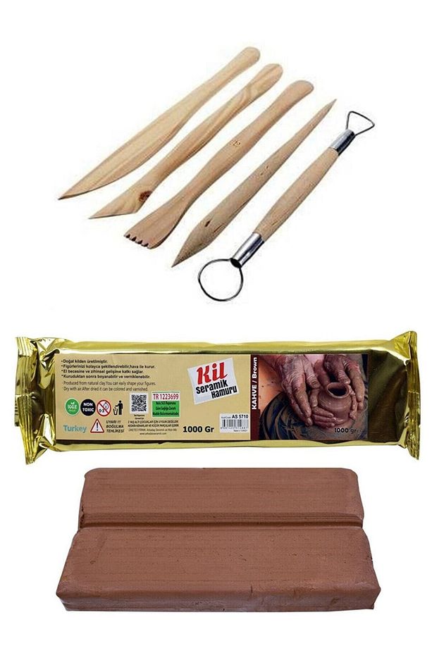 Kil Hamuru Set, 1 Kg Kahverengi Seramik Hamuru Ve Ahşap Ebeşşuar, Modelleme Çamuru, Kahve - 1