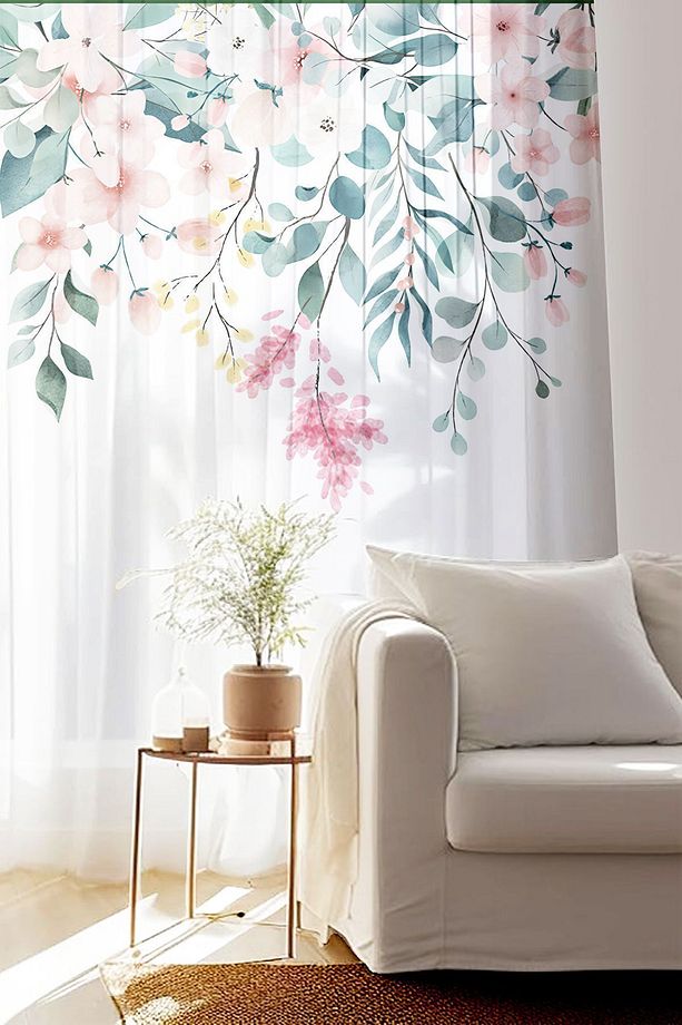 Renkli Çiçekli Desen Baskılı Dekoratif Salon Mutfak Tül Perde 140x260cm - 4