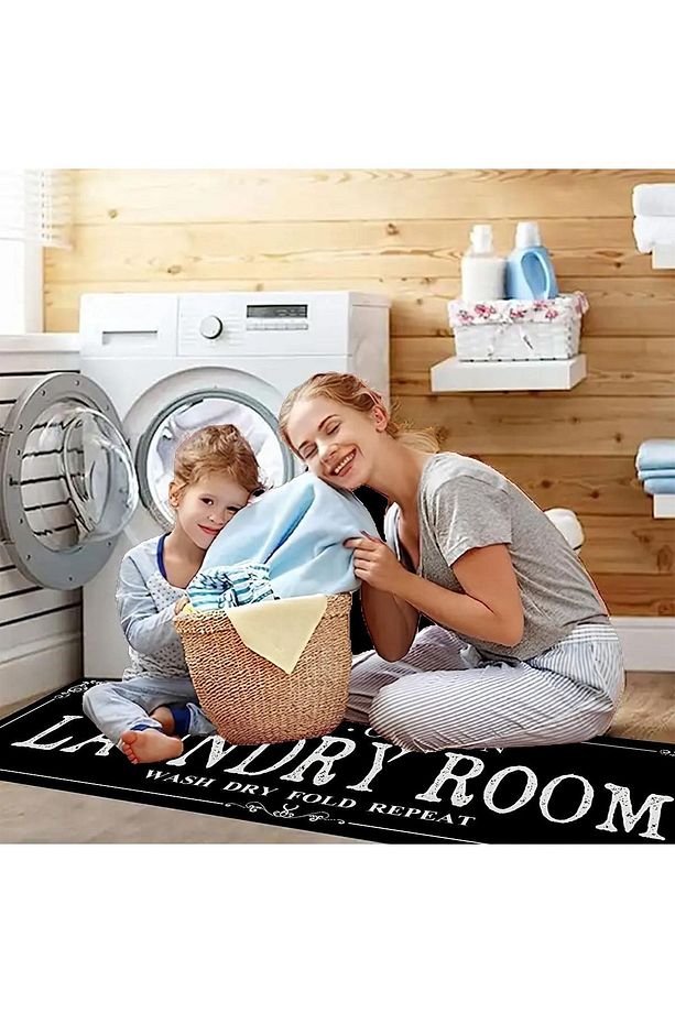 Else Siyah Çamaşır Kurutma Makinesi Duş Önü Kaymaz Yıkanabilir Banyo Paspası Halısı 60x140cm - 5