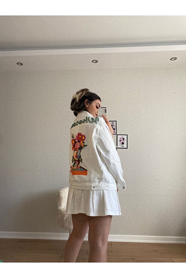 Beyaz baskılı kot ceket - 1
