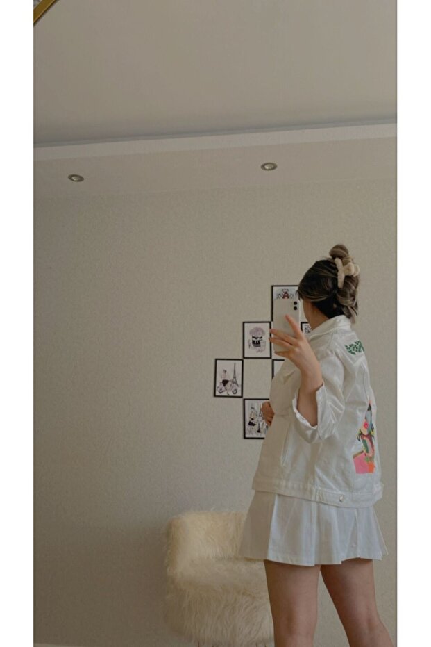 Beyaz baskılı kot ceket - 3