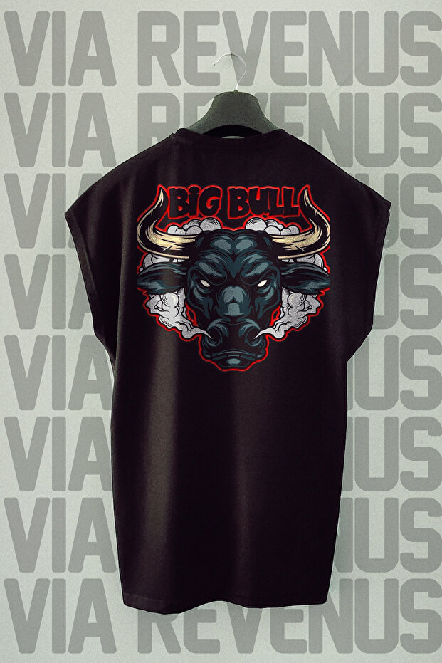 Big Bull Back Printed Sleeveless Black Sport T-shirt