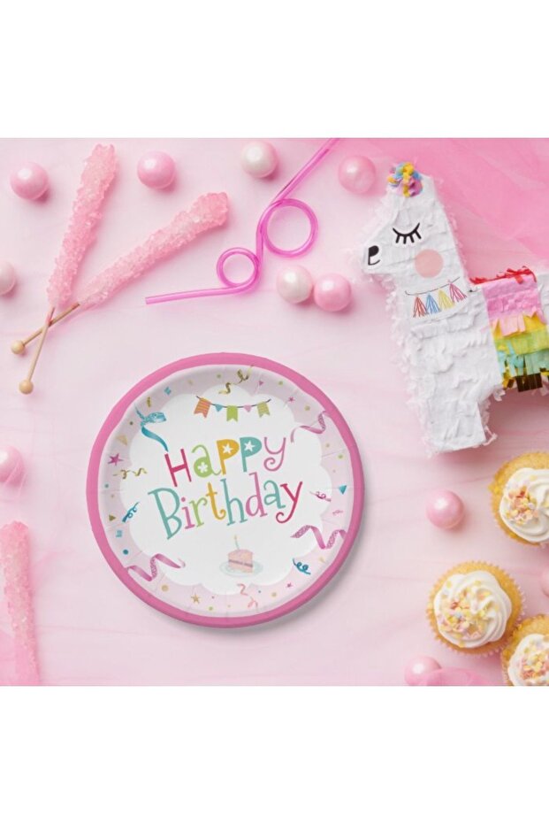 Happy Birthday Pink Cardboard Plate Cup Set for 8 People