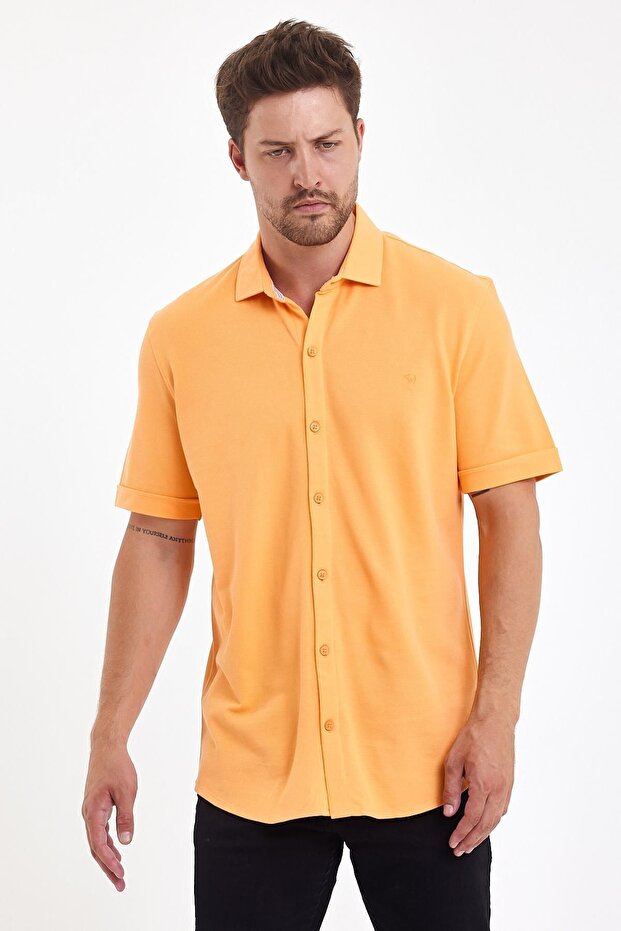 Men's Polo Neck Short Sleeve Button Loose Salmon Shirt