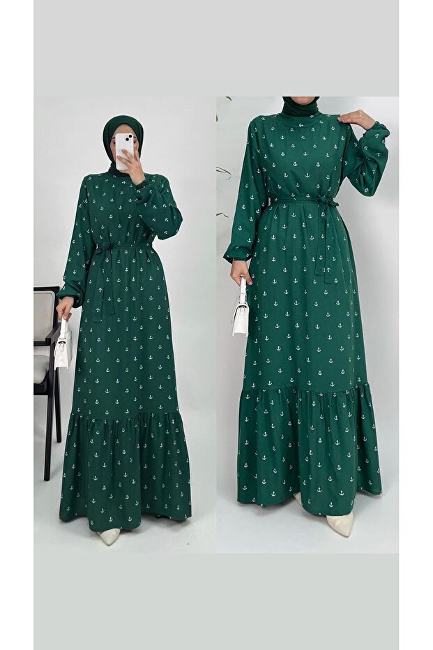 Women's Green Anchor Patterned Viscose Fabric Mobile Belted Back Zipper Hijab Dress