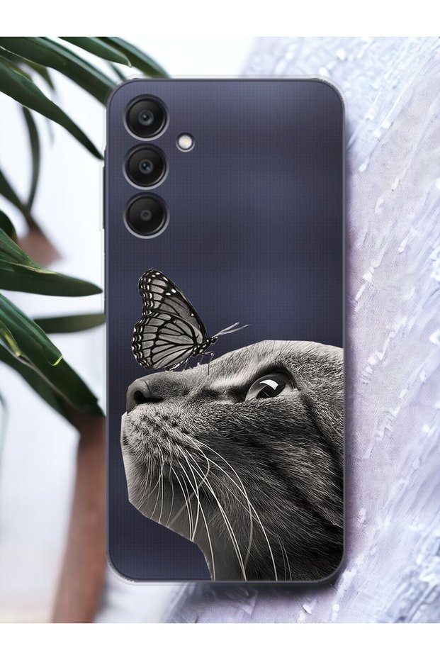 Samsung A15 Butterfly Cat Design Transparent Phone Case