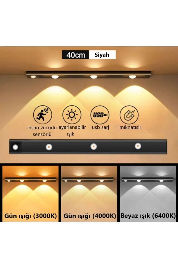 2 Adet 40cm Insan Vücudu Sensörlü Usb Sarj Taşınabilir Kablosuz Mutfak Elbise Dolabı Merdiven Led - 3