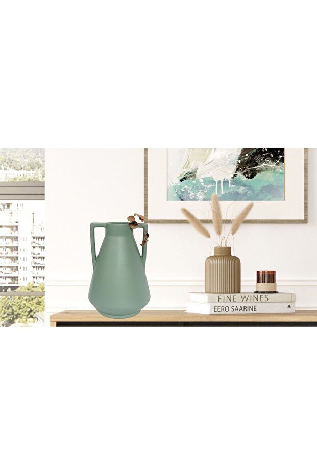 Green Ceramic Vase - Double Handle, 21X15