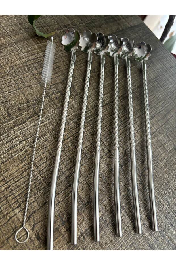 6-Piece Stainless Chrome Cocktail Bar Spoon with Straw and Cleaning Brush, Latte Spoon with Straw