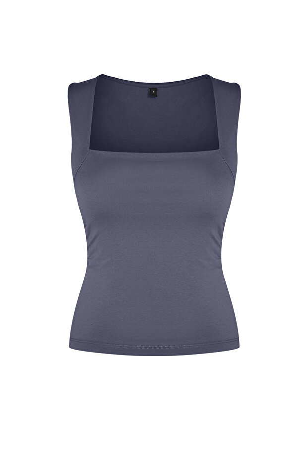 Gri Düz Kare Yaka Askılı Büzgülü Fitted/Vücuda Oturan Esnek Örme Bluz TWOSS24BZ00400 - 6