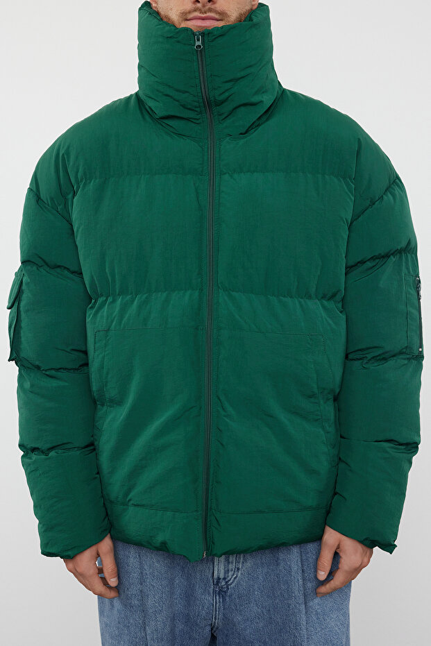 Unisex Yeşil Taslan Relaxed Fit Kışlık Şişme Mont TMNAW25MO00007 - 4