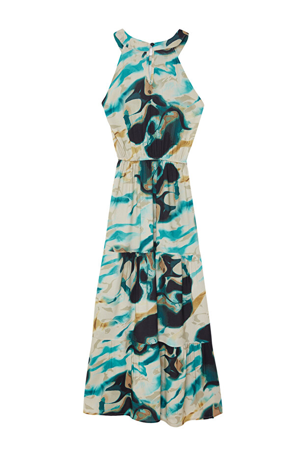 Siyah Soyut Desenli A Kesim Halter Yaka Maxi Dokuma Elbise TWOSS24EL01025 - 7