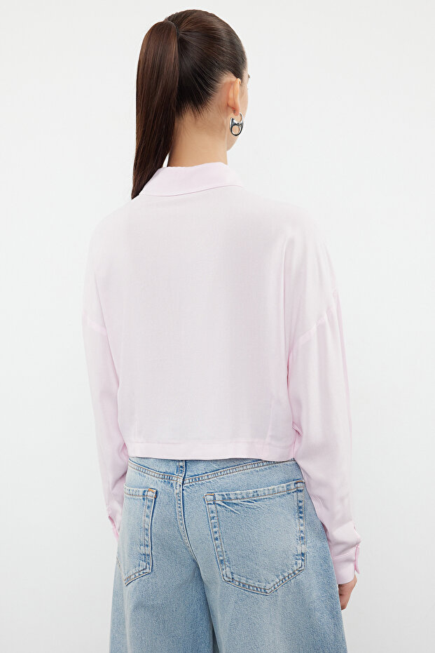 Pembe Düğüm Detaylı Crop Dokuma Bluz TWOSS23BZ00442 - 5
