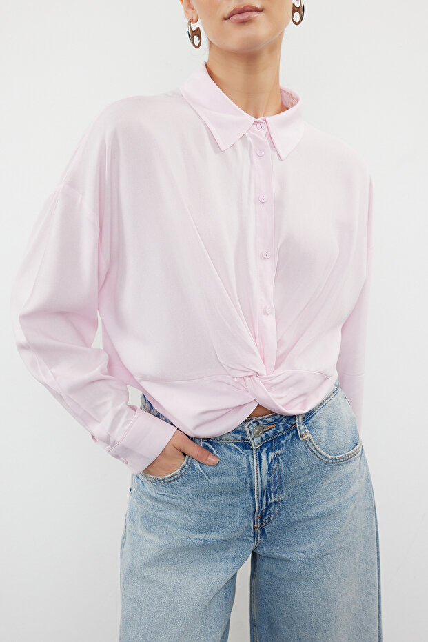 Pembe Düğüm Detaylı Crop Dokuma Bluz TWOSS23BZ00442 - 3