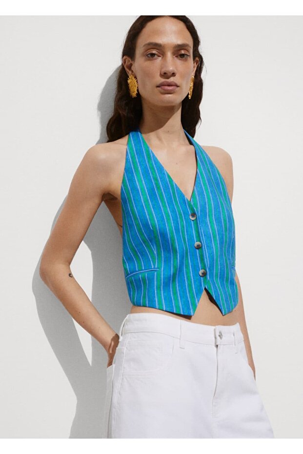 Çizgili keten yelek - 5