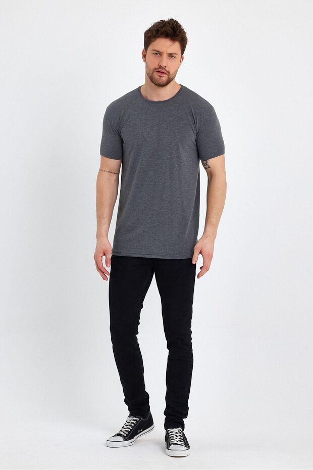 Erkek Bisiklet Yaka Basic Gri Tişört - 2