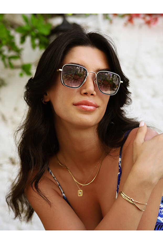 Women's Sunglasses Rectangle Gold Durable Metal Frame Black Glass
