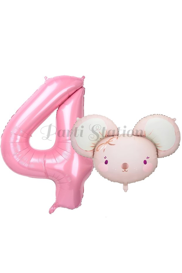 Pink Mouse 1st Birthday Balloon Set: Cute Pink Mouse Theme Balloons, Pink Number Balloons, and Hamster Balloons.