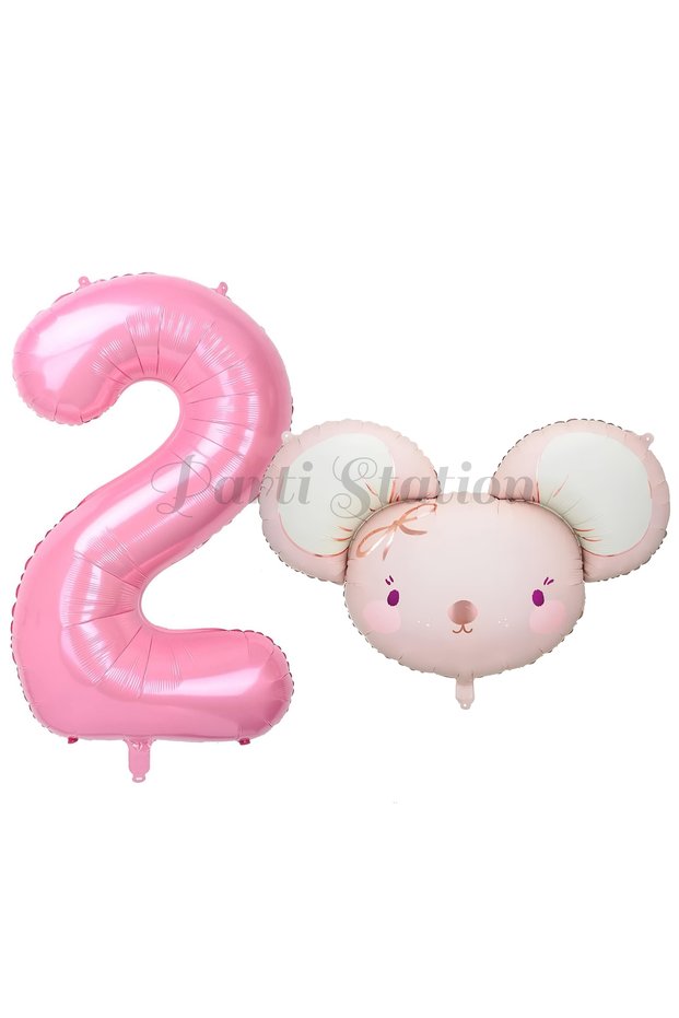 Pink Mouse 1st Birthday Balloon Set: Cute Pink Mouse Theme Balloons, Pink Number Balloons, and Hamster Balloons.
