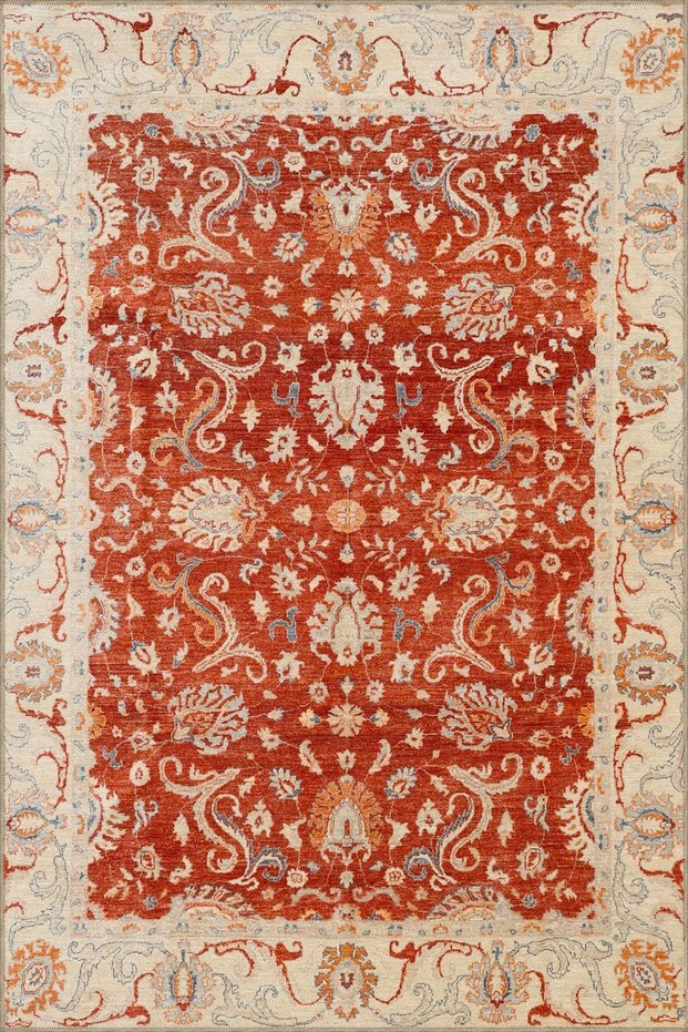Orange Multicolor Framed Floral Lozenge Patterned Woven Base Rug and Washable Rug Aloha83