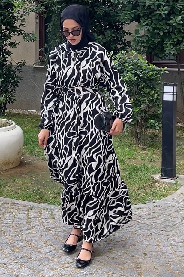 Kadın Mavi Ekru Desenli  Oversize Kemerl Yazlık Viskon Elbise - 4