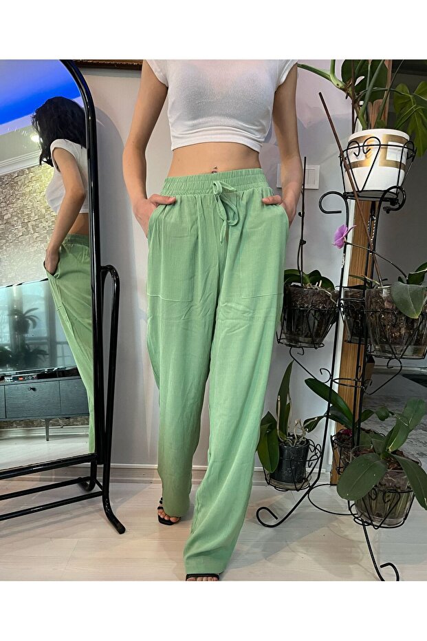 Green Color Elastic Waist Pocketed Woven Viscose Crinkle Women's Fabric Trousers