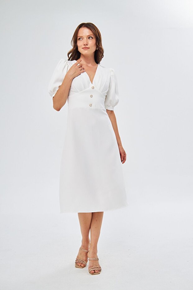 White Atlas Fabric V-Neck Balloon Sleeve Bell Cut Midi Dress with Button Accessories 153