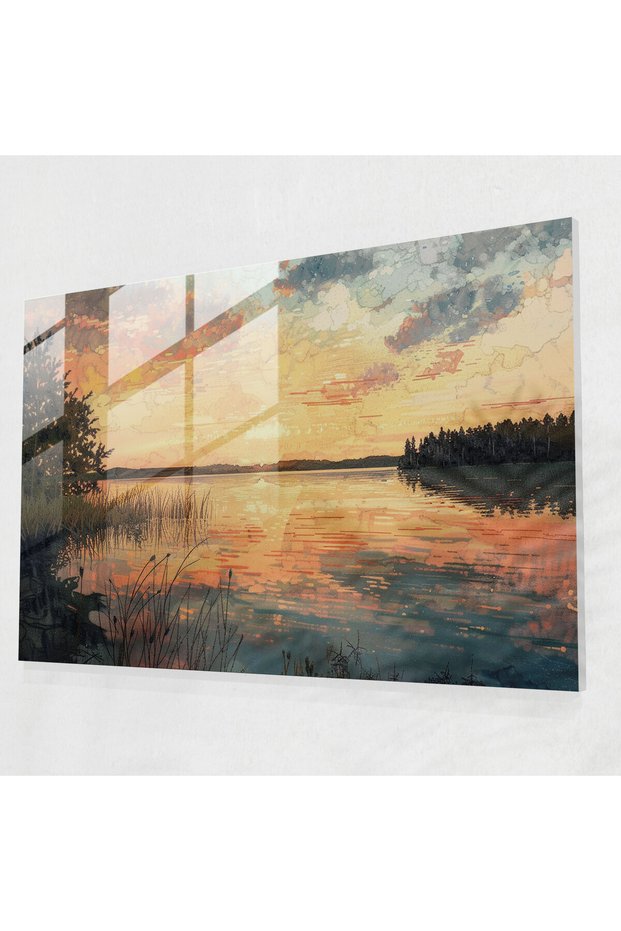 Serene Lake Sunset Pointillism Glass Wall Art,Pointillism,Wall Decoration