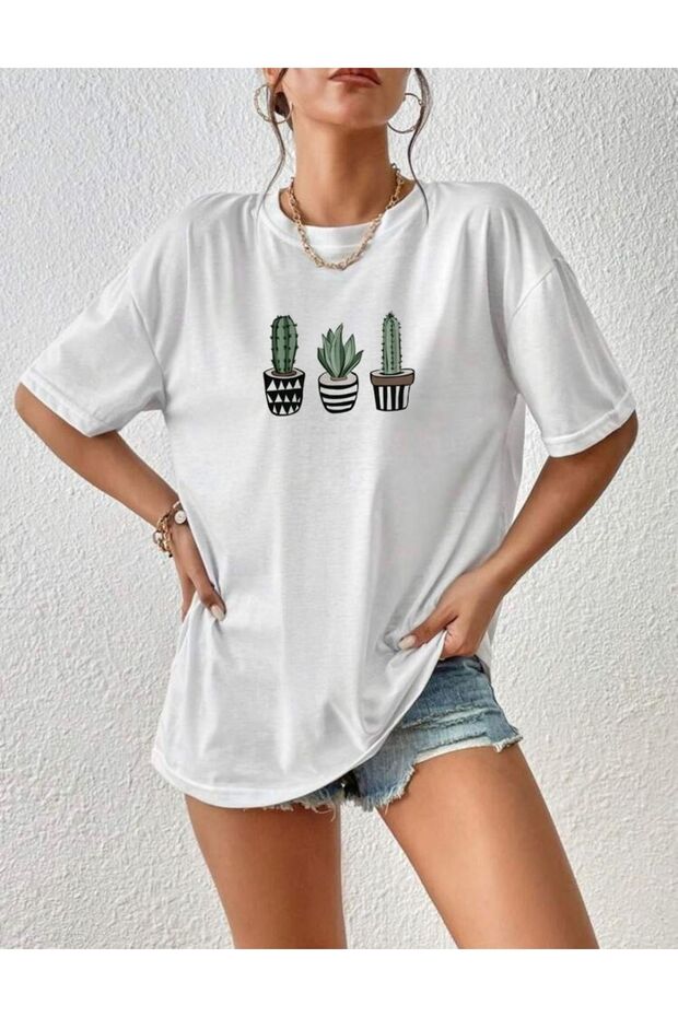White 3 Cactus Printed Trend Oversize Tshirt Unisex