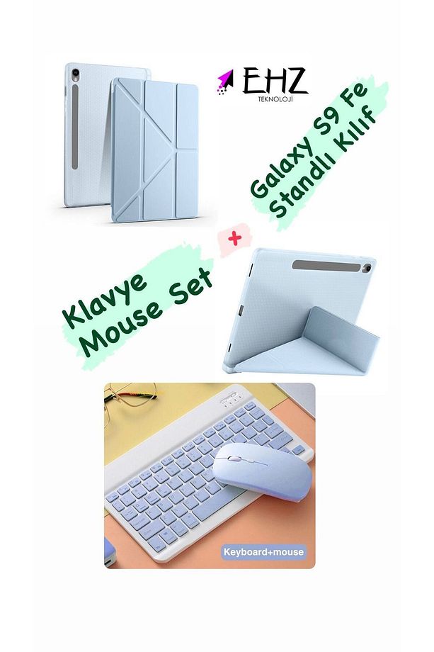 Galaxy Tab S9 Fe Uyumlu Standlı Tablet Kılıf Bluetooth Klavye Mouse Set - 1