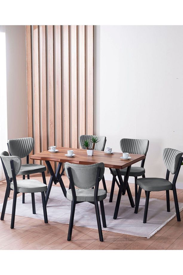 Kütük Desenli MDF Elma Mutfak Masa Takımı 6 Sandalyeli Salon Yemek Masa Takımı - 1