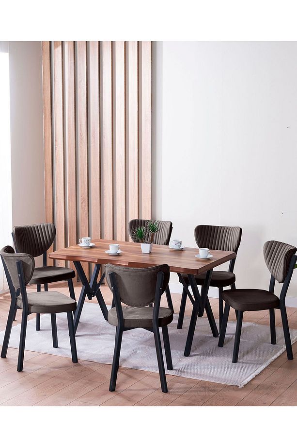 Kütük Desenli MDF Elma Mutfak Masa Takımı 6 Sandalyeli Salon Yemek Masa Takımı - 1