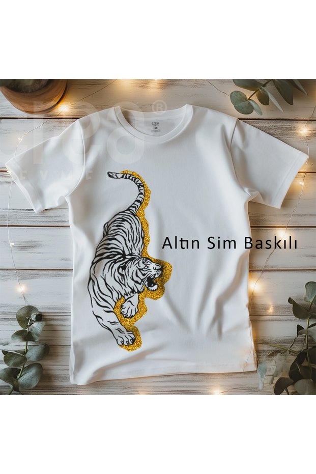 Gold Glitter Printed Tiger 100% Cotton Premium White T-Shirt
