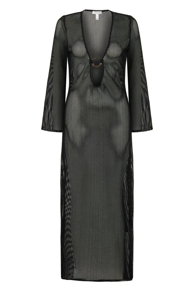 Black Mesh Beach Dress with Ring Buckle Detail