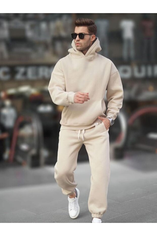 Men's Beige 3 Thread High Waist Jogger Hooded Kangaroo Pocket Oversize Tracksuit Set