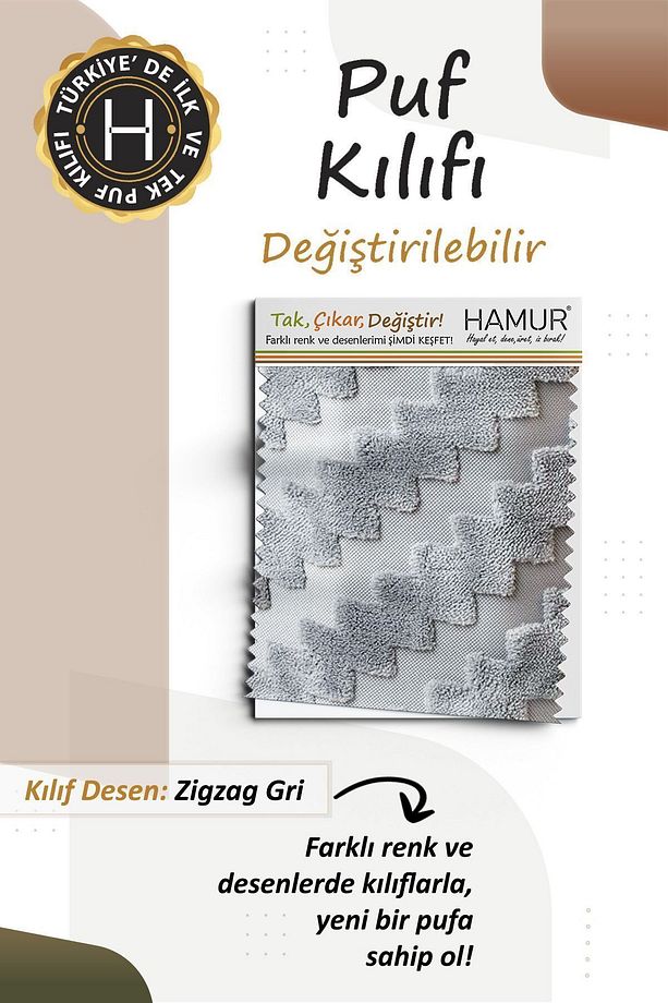 Yıkanabilir Puf Tabure Kılıfı Tak-Çıkar-Değiştir-Yenile Orta Sehpa Kılıfı By Zigzag Gri - 3