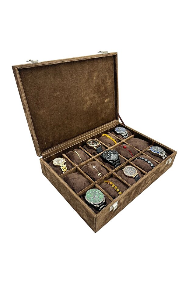 Watch Box 15 Pieces Without Glass Alkantara Brown Suede Coated Pillows Suede Velvet Special
