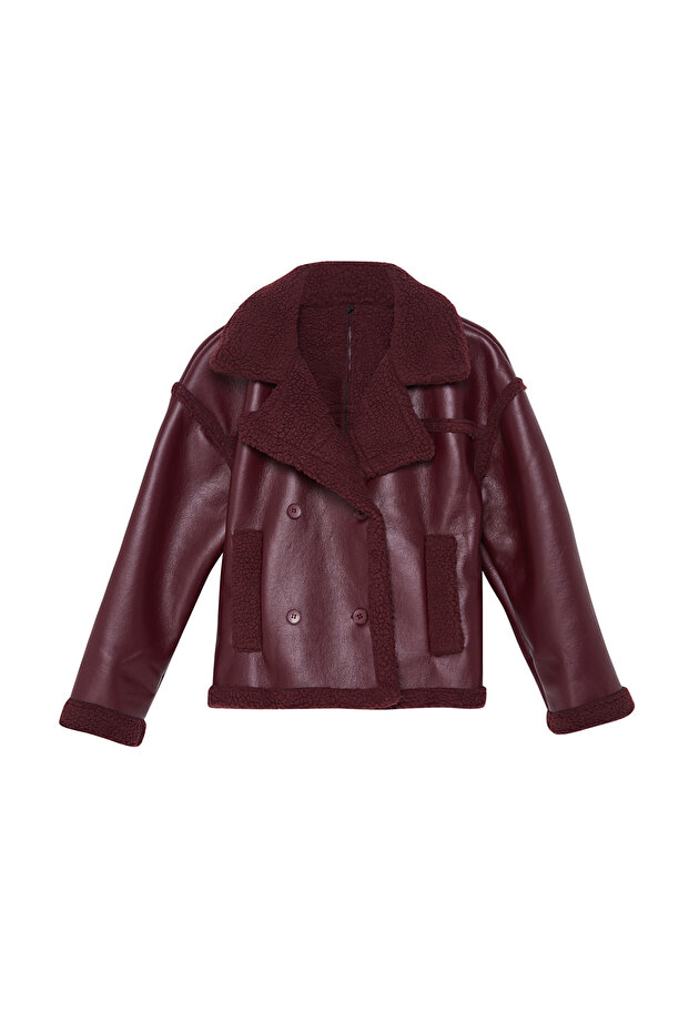 Bordo Peluş Detaylı Suni Deri Biker Ceket Mont TWOAW25MO00066 - 16