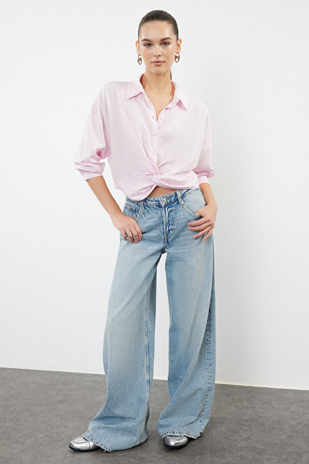 Pembe Düğüm Detaylı Crop Dokuma Bluz TWOSS23BZ00442 - 2