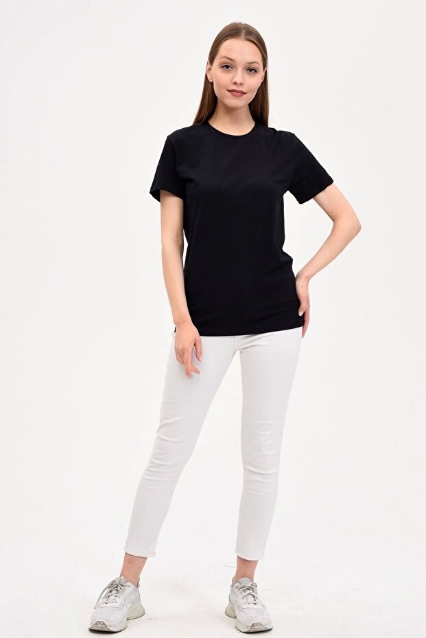 Kadın Bisiklet Yaka Basic Siyah Tişört - 2