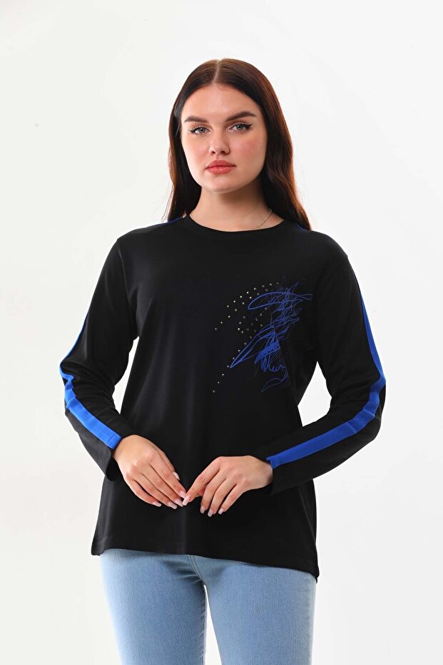 Women's Patterned Crew Neck Long Sleeve Blouse 22689 Black