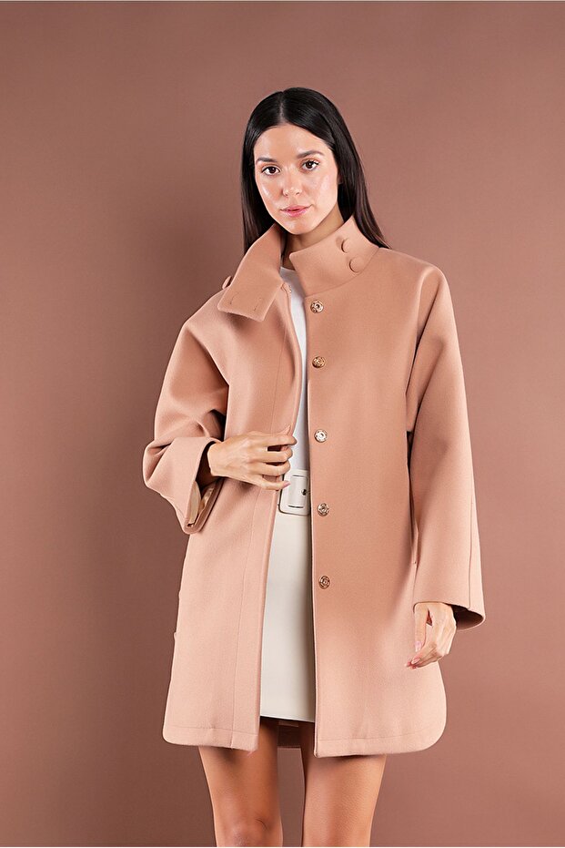 Snap Fastener Side Slit Bat Sleeve Camel Stamp Coat
